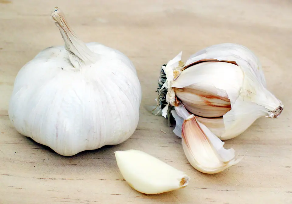 Cabezas de ajo enteras y dientes separados sobre una mesa de madera